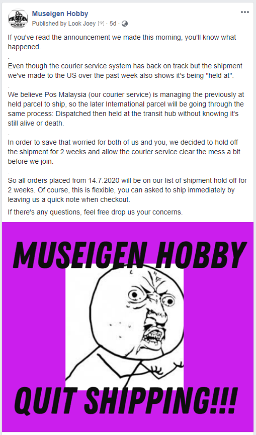 Museigen Hobby Stopped International Shipping