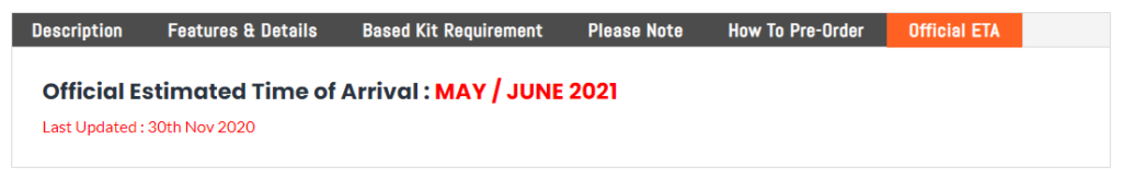 Estimated Time of Arrival for pre-order